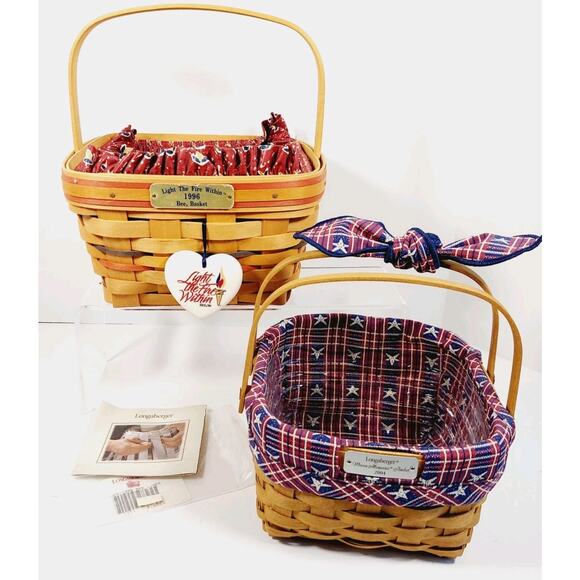 Lot Of 2 Square Longaberger Baskets w/ Handles Liners Tie On Bee Fire Memories - Picture 1 of 16